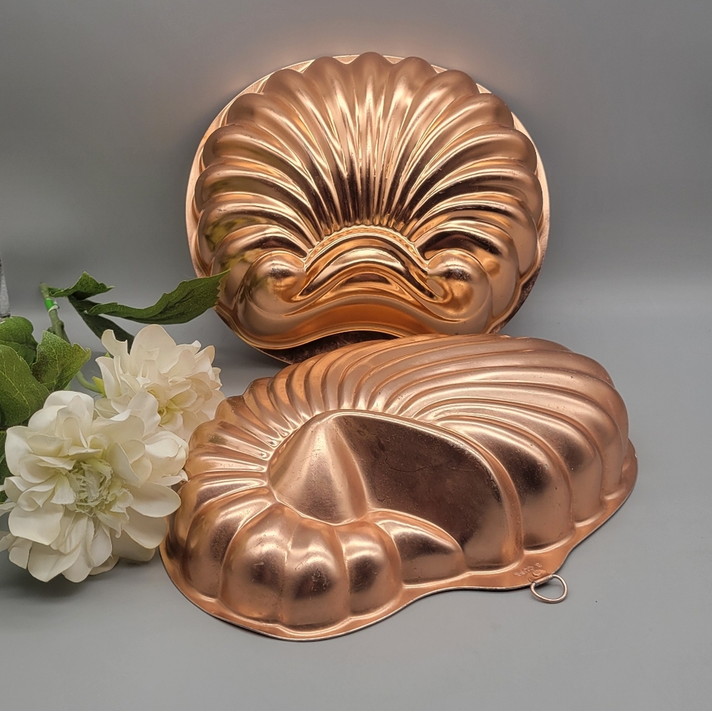 Vintage Copper Mold Jello Mold Cake Pan Set of 2 Seashell Molds Vintage Kitchen